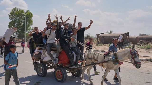 Palestinier hämtar mat vid en leveranspunkt för Gaza Humanitarian Foundation. Foto: AP