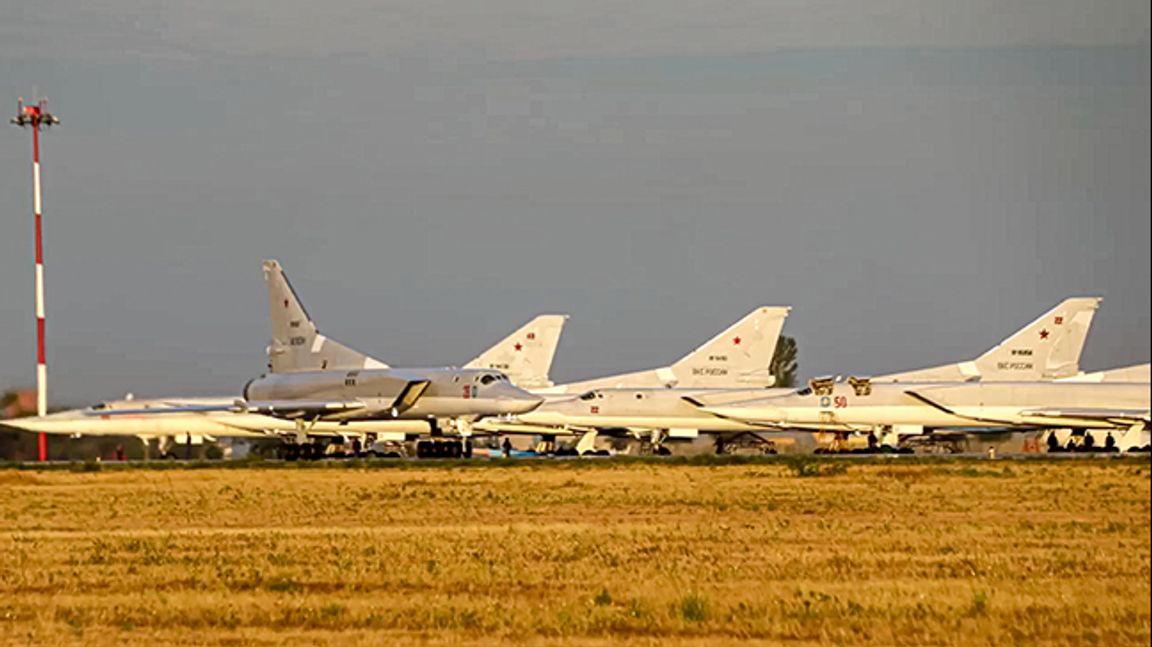 In this photo released by Russian Defense Ministry Press Service, one Russian Tu-22M3 long-range bomber rolls preparing for its takeoff at the Termez firing range in Uzbekistan, Friday, Aug. 6, 2021. On Friday, Russian and Uzbek troops wrapped up joint war games involving 1,500 troops and 200 military vehicles who practiced action to destroy militants. The maneuvers featured Russian Tu-22M3 long-range bombers hitting mock targets representing militant camps at the Termez firing range in Uzbekistan. Photo: Russian Defense Ministry Press Service via AP