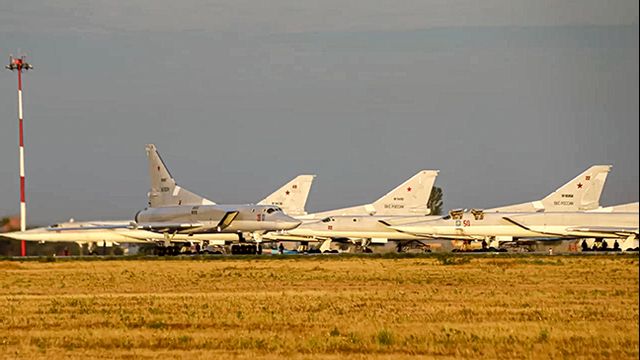 In this photo released by Russian Defense Ministry Press Service, one Russian Tu-22M3 long-range bomber rolls preparing for its takeoff at the Termez firing range in Uzbekistan, Friday, Aug. 6, 2021. On Friday, Russian and Uzbek troops wrapped up joint war games involving 1,500 troops and 200 military vehicles who practiced action to destroy militants. The maneuvers featured Russian Tu-22M3 long-range bombers hitting mock targets representing militant camps at the Termez firing range in Uzbekistan. Photo: Russian Defense Ministry Press Service via AP