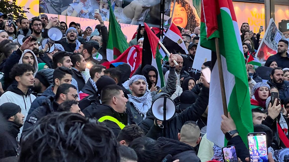 Palestinska, turkiska, irakiska och flaggor från andra muslimska länder syntes på demonstrationen.