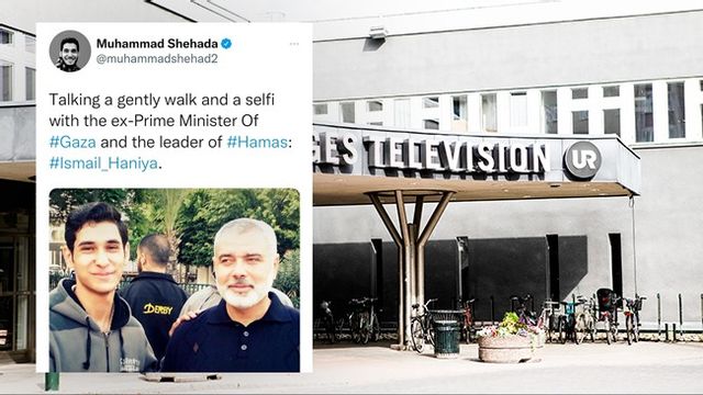 Muhammad Shehada från EMHRM tillsammans med terroristledaren Ismail Hanyieh. Foto: TT/X