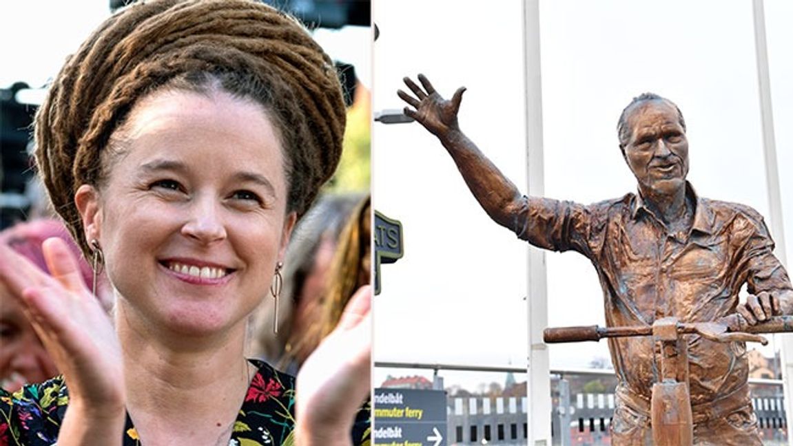 Miljöpartiets språkrör Amanda Lind och Daniel Helldén, den sistnämnda i form av staty av okänd konstnär. Bild: Johan Wessman - News Øresund/CC BY 2.0/Jonas Ekströmer/TT 