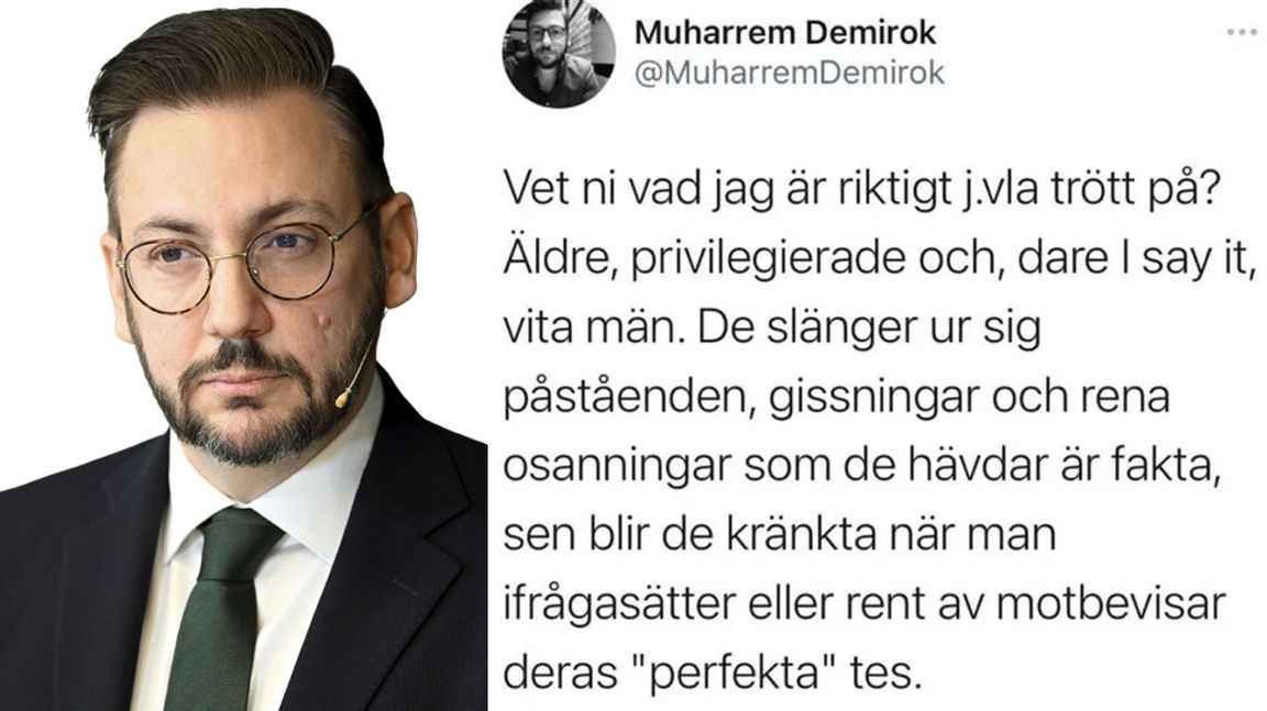 Demirok är trött på vita män. De är fortfarande en viktig väljargrupp och att förolämpa dem är en dålig start. Foto: Anders Wiklund/TT, Twitter.