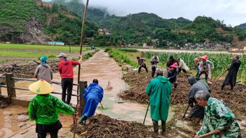 Människor arbetar på ett översvämmat fält i Yunnan-provinsen i sydvästra Kina. Foto: Nya Kina/AP/TT 