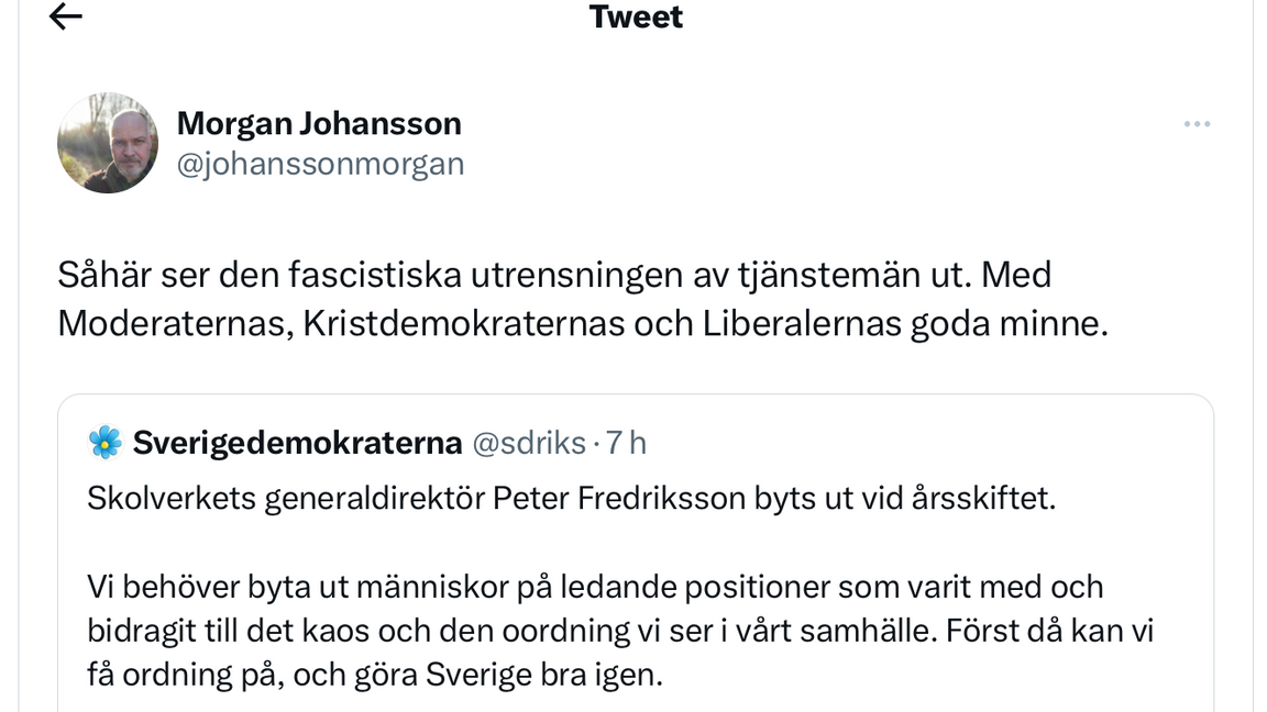 Morgan Johansson kallar bytet av GD för fascistisk utrensning. Foto: Twitter