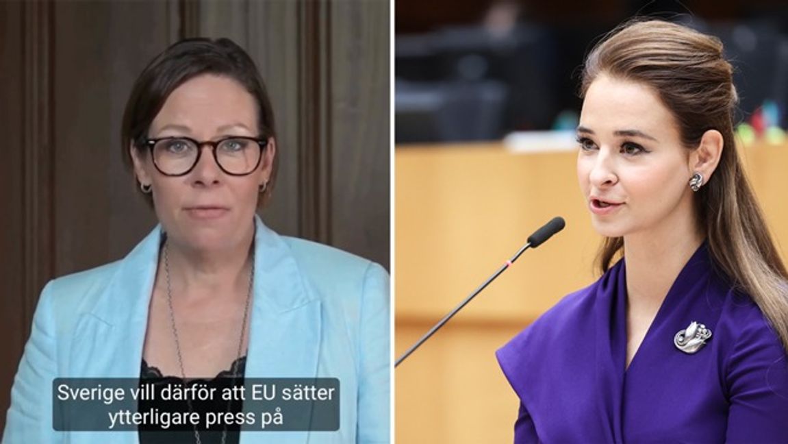 Sveriges utrikesminister Maria Malmer Stenergard (M) förnyar regeringens krav på att öka pressen på Israel. KD:s Alice Teodorescu Måwe är kritisk. Foto: EU/Utrikesdepartementet