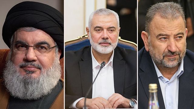 Hizbollahledaren Hassan Nasrallah och Hamasledarna Saleh al-Arouri och Ismail Haniyeh. Bild: Khamenei.ir/CC BY 4.0/Council.gov.ru/CC BY 4.0