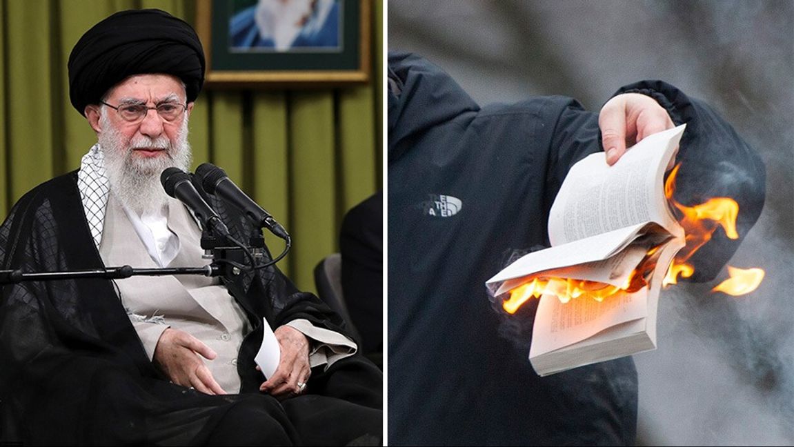 Till vänster: Irans högste ledare ayatollah Ali Khamenei. Foto: AP/TT/Tobias Hellsten/CC BY-SA 4.0