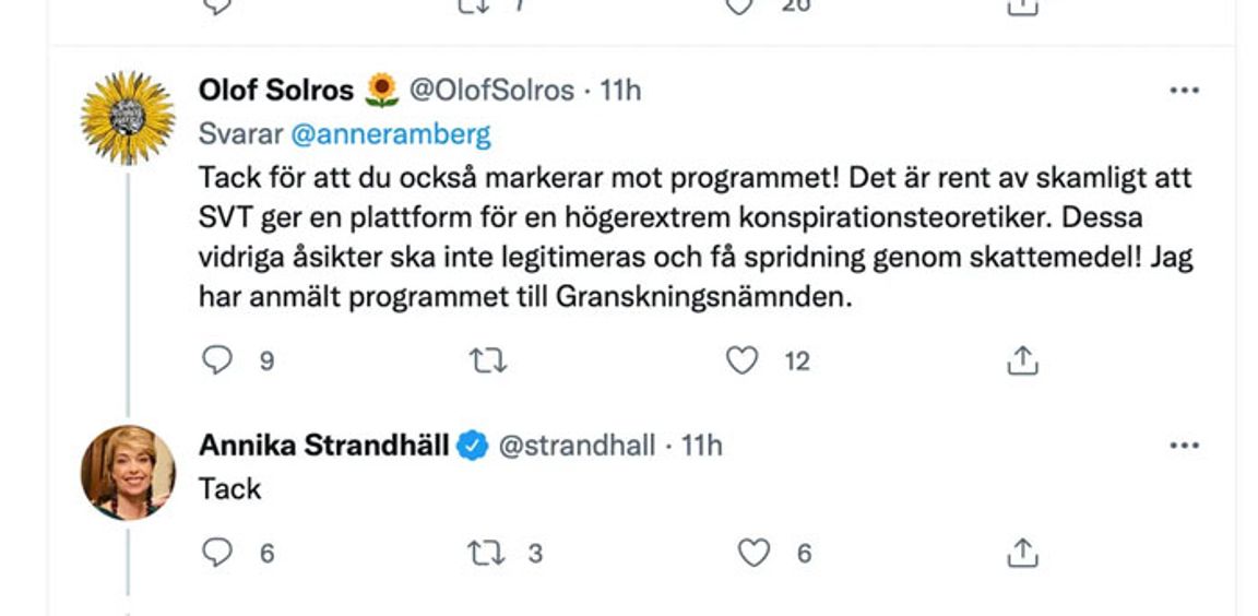 Annika Strandhäll twittrar med Olof Solros