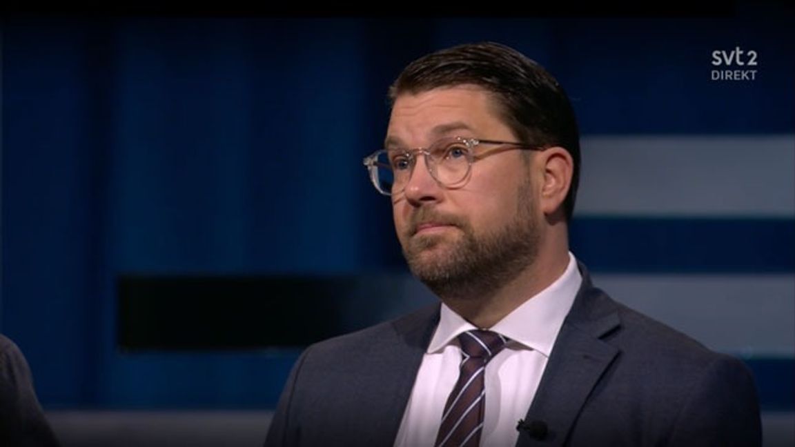 SD-ledaren Jimmie Åkesson välkomnade USA:s kritik mot Europa under söndagens direktsändning av Agenda. Foto: Faksimil/SVT.