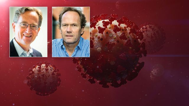 Omikronvarianten av coronaviruset sprids som en löpeld och snart finns troligen inte särskilt många personer kvar att smitta. Bilden är en illustration. Joakim Dillner, professor i infektionsepidemiologi vid Karolinska institutet, till vänster. Tom Britton, professor i matematisk statistik vid Stockholms universitet, till höger. Foto: Ulf Sirborn/Claudio Bresciani/TT