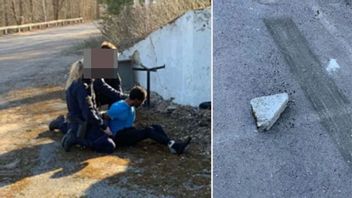 Ibrahim Ahmed grips av polis efter att ha kastat stenen till höger mot dem. Gripandet skedde på grund av det olaga hot han nu inte kommer utvisas för. Bild: Förundersökningsprotokoll.