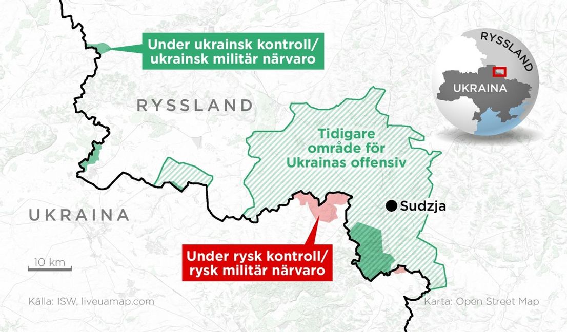 Kartan visar tidigare områden för den ukrainska offensiven i Kursk samt områden med rysk respektive ukrainsk militär närvaro eller kontroll. Foto: Anders Humlebo/TT