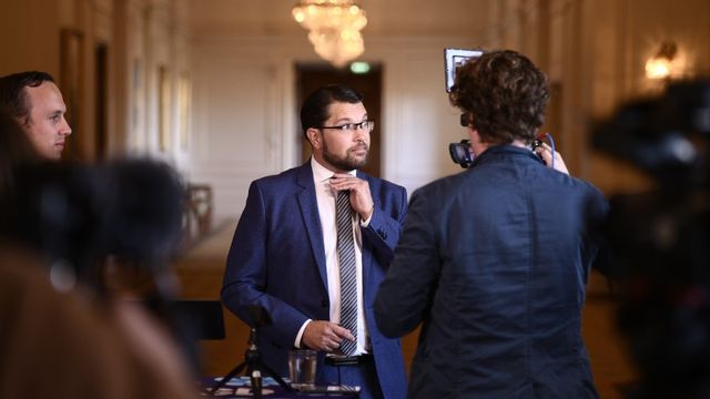 Jimmie Åkesson höll pressträff om Socialdemokraterna. Foto: Tim Aro/TT