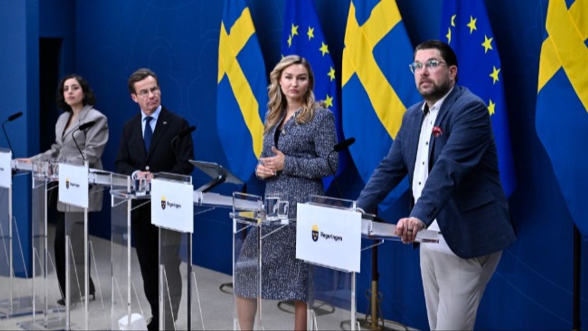 Simona Mohamsson (L), Ulf Kristersson (M), Ebba Busch (KD),  och Jimmie Åkesson (SD). Foto: Christine Olsson/TT.