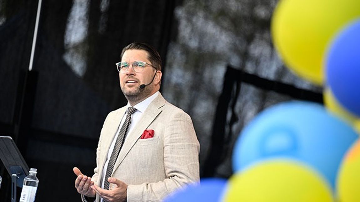 Sverigedemokraternas partiledare Jimmie Åkesson håller vårtal på Långholmen i Stockholm. Foto: Pontus Lundahl / TT 