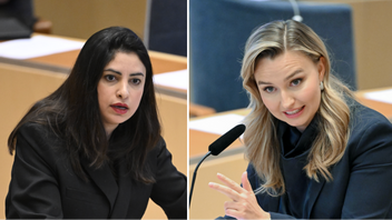 V-ledaren Nooshi Dadgostar och näringsminister Ebba Busch (KD) under partiledardebatten i riksdagen på onsdagen. Foto: Jessica Gow/TT