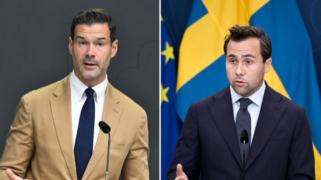 Migrationsminister Johan Forssell och biståndsminister Benjamin Dousa. Foto: Lars Schröder/Magnus Lejhall/TT