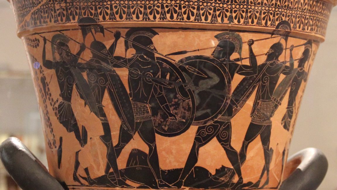 Ett strid avbildad på en grekisk vas från 500-talet f.Kr. Bilden är beskuren. Foto: Gary Todd/flickr.