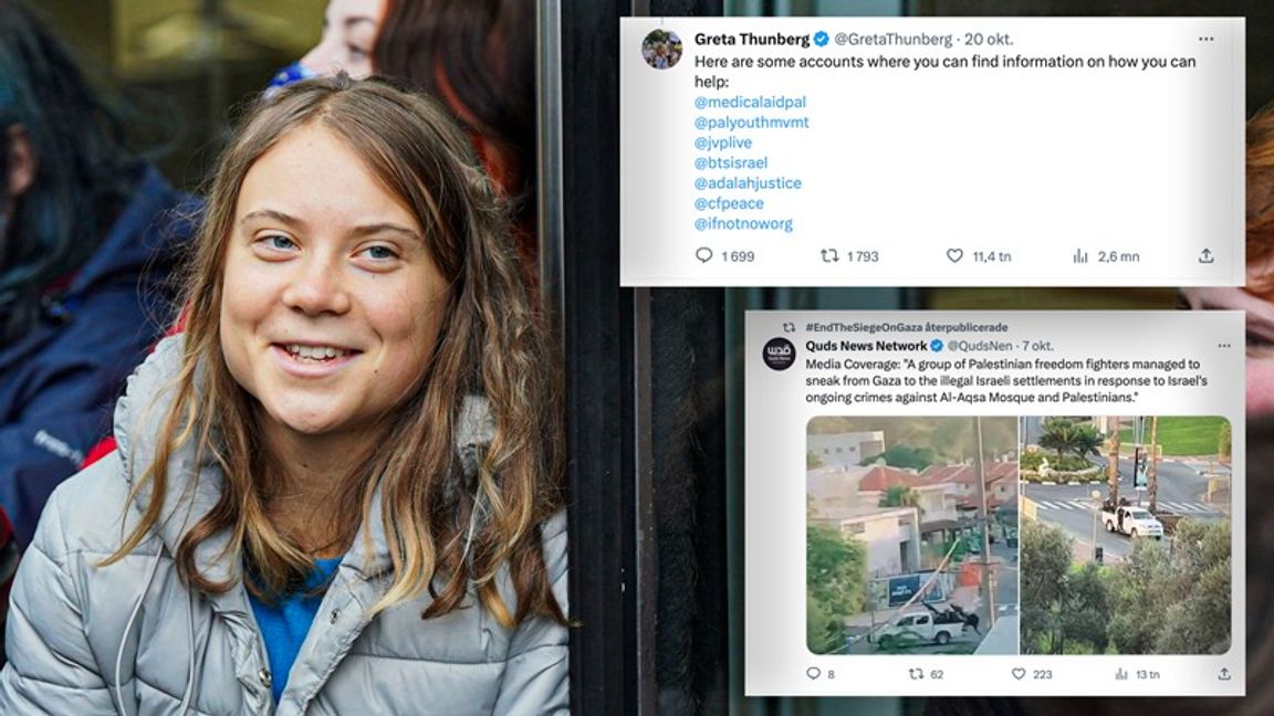 Hamas massmord på judar får stöd av konton som Greta Thunberg rekommenderar på X. Foto: Lucy North/X