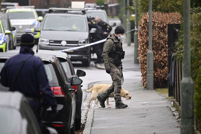 Polis med hund och kriminaltekniker arbetar innanför avspärrningarna i  ett bostadsområde i Malmö den 22 mars 2024. Foto: Johan Nilsson/TT
