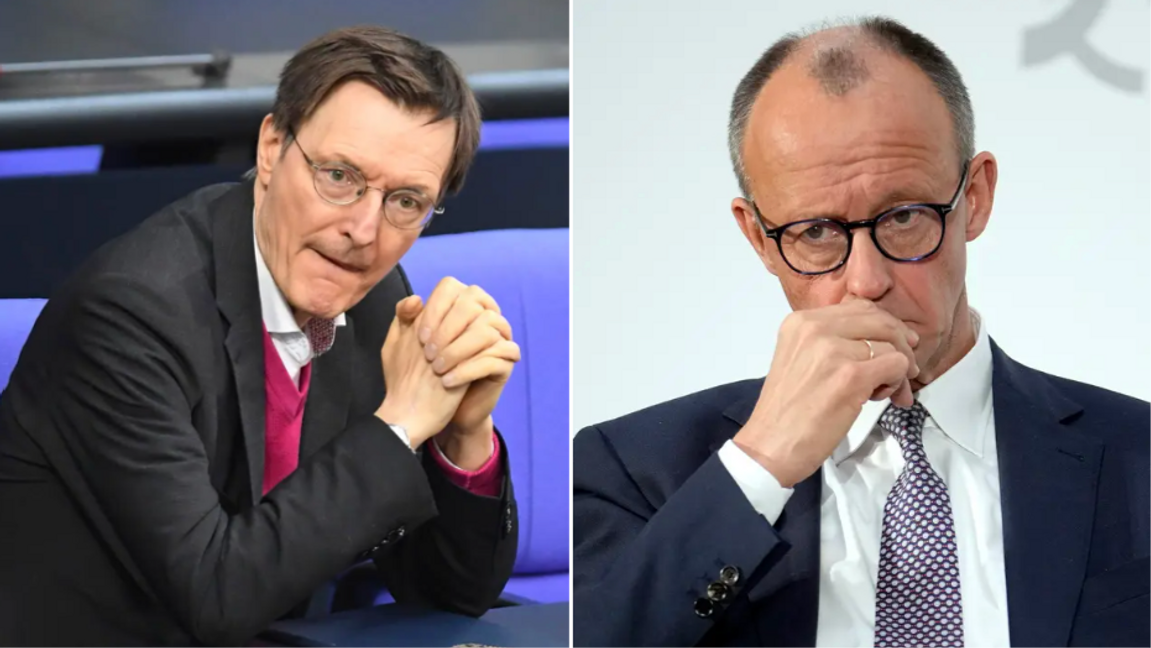 Karl Lauterbach (SPD), till vänster, har väckt starka reaktioner i Tyskland med sitt uttalande. Till höger oppositionsledaren Friedrich Merz (CDU) som uttalandet riktades mot. Foto: Ebrahim Noroozi/Serhat Kocak/AP/TT