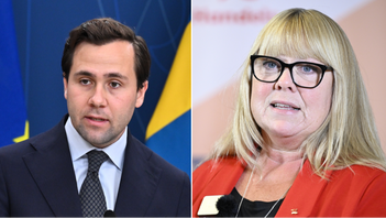 Bistånds- och utrikeshandelsminister Benjamin Dousa (M) och Handels förbundsordförande Linda Palmetzhofer. Foto: Claudio Bresciani/Jessica Gow/TT