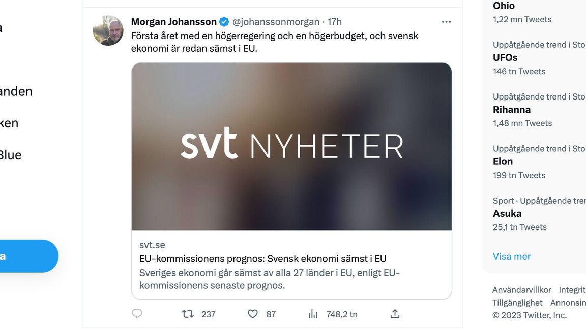 Morgan Johansson vet uppenbart att det inte är sant att det är regeringen som förstört ekonomin. Men för sina väljare drar han gärna en vals. Skärmdump från twitter