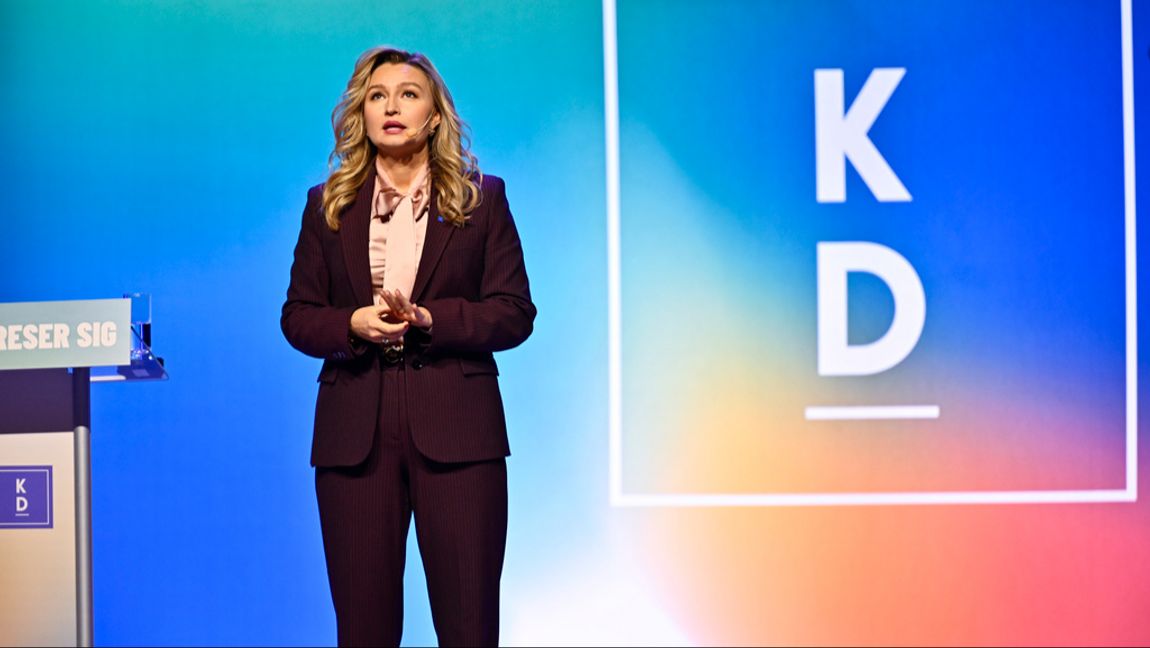 Kristdemokraternas partiledare Ebba Busch inledde partiets riksting i Linköping med sitt tal på fredagen. Foto: Anders Wiklund/TT