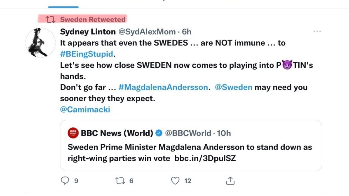 Skrämdump av tweeten som Svenska Institutet retweetade.