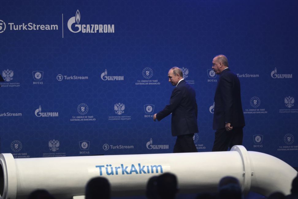 Turkiets och Rysslands respektive presidenter, vid invigningen av Turkstream i januari 2020. Arkivbild. Foto: Lefteris Pitarakis/AP/TT
