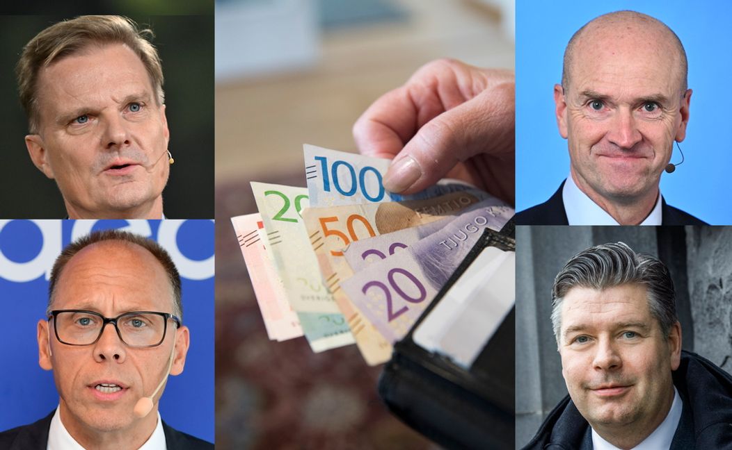 Bankdirektörerna bjuder på ägarfest. Överst från vänster Swedbanks vd Jens Henriksson, Michael Green, vd Handelsbanken, Nordeas vd Frank Vang-Jensen samt SEB:s vd Johan Torgeby nederst till höger. Arkivbilder. Foto: Henrik Montgomery/TT