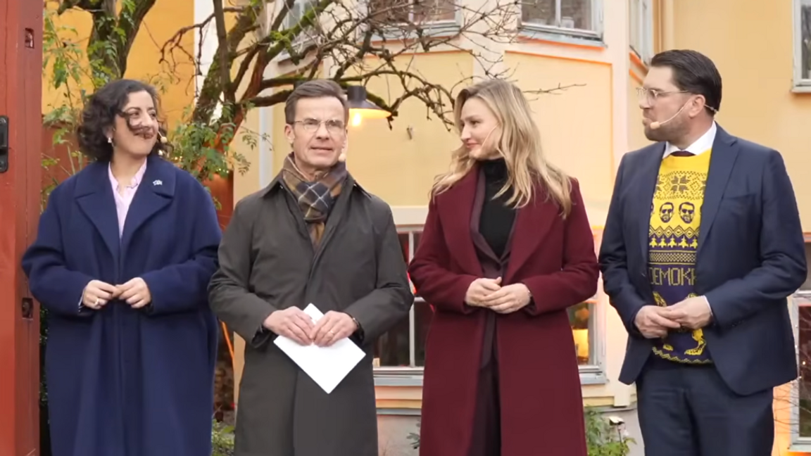 Tidöpartierna tillsammans på en pressträff i december. Foto: Riks/YouTube