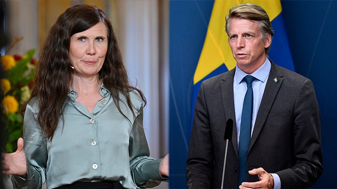 Miljöpartiets språkrör Märta Stenevi (MP) till vänster. Miljö- och klimatminister Per Bolund (MP) till höger. Foto: Stina Stjernkvist / TT och Erik Simander/TT