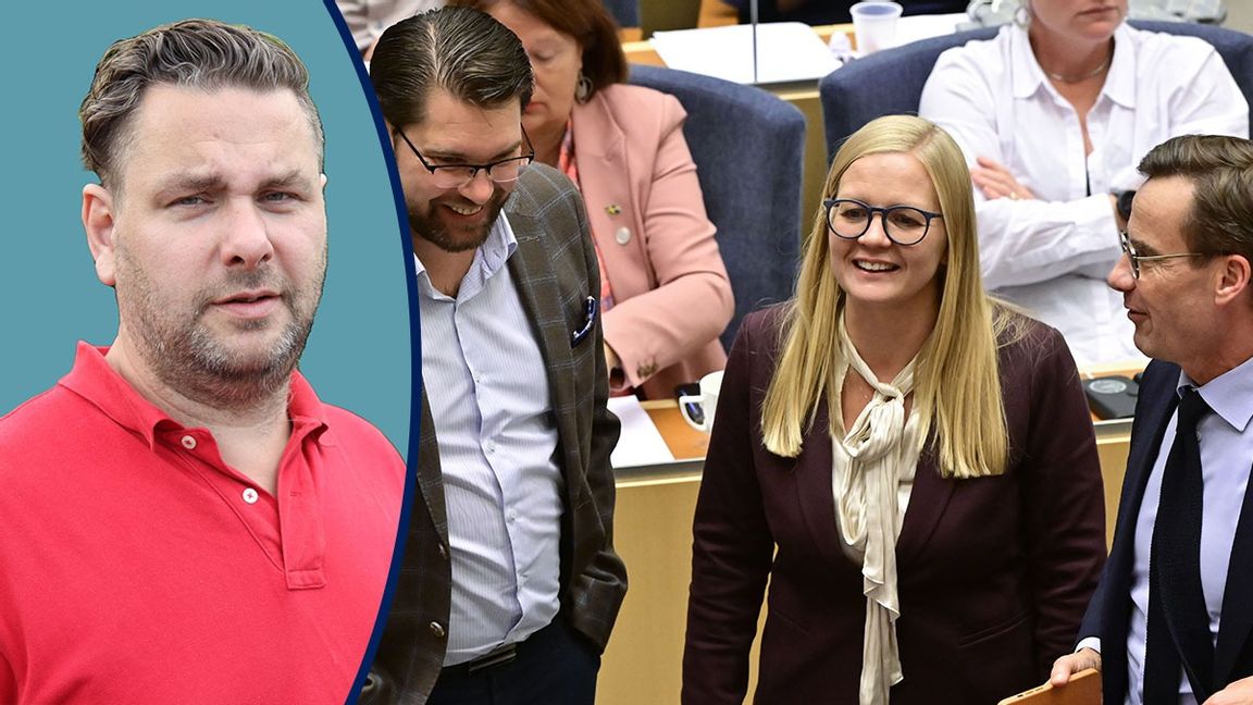 Riksdagens nyvalda andra vice talman Julia Kronlid (SD) i samspråk med Jimmie Åkesson (SD) och Ulf Kristersson (M) i riksdagens kammare. Foto: Jonas Ekströmer/TT