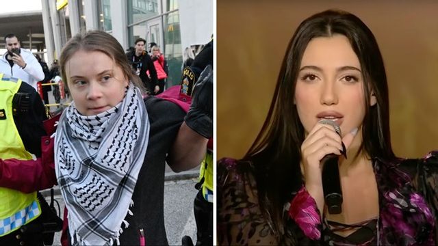 Greta Thunberg, till vänster, var en av många antiisraeliska demonstranter under ESC i Malmö 2024. Till höger Israels representant i årets tävling, Yuval Raphael. Foto: Johan Nilsson/TT/KAN