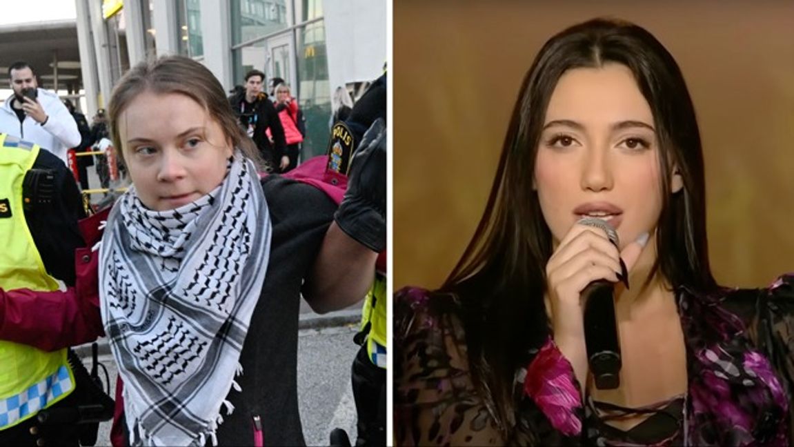 Greta Thunberg, till vänster, var en av många antiisraeliska demonstranter under ESC i Malmö 2024. Till höger Israels representant i årets tävling, Yuval Raphael. Foto: Johan Nilsson/TT/KAN