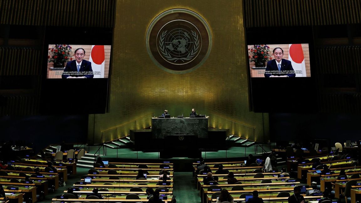 Yoshihide Suga, Prime Minister of Japan, remotely addresses the 76th session of the United Nations General Assembly in a pre-recorded message, Friday Sept. 24, 2021, at UN headquarters. He recently announced that he is not going to seek re-election as leader of the ruling LDP-party at the end of this month. Photo: Peter Foley/AP/TT