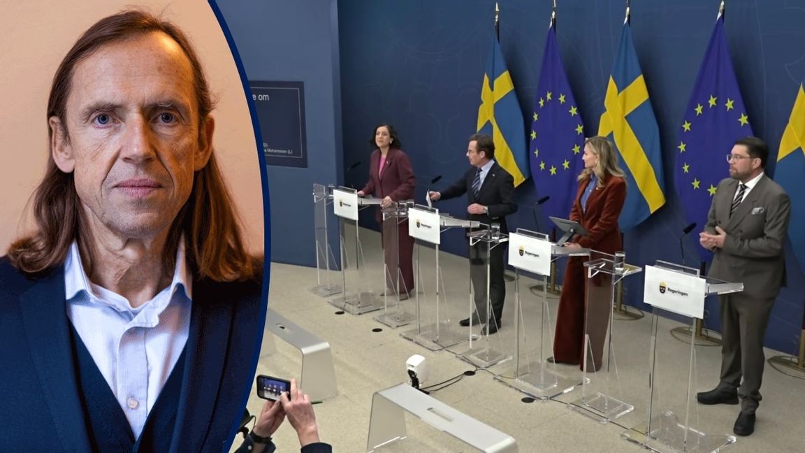 De fyra Tidöpartiledarna på fredagens presskonferens. Foto: Skärmbild från Youtube.