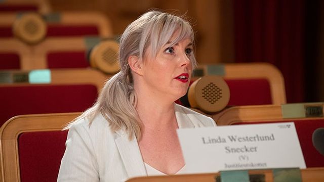 Vänsterpartiets Linda Westerlund Snecker (V) under justitieutskottets öppna utfrågning om våld i nära relationer 2022. Bild: Fredrik Sandberg / TT