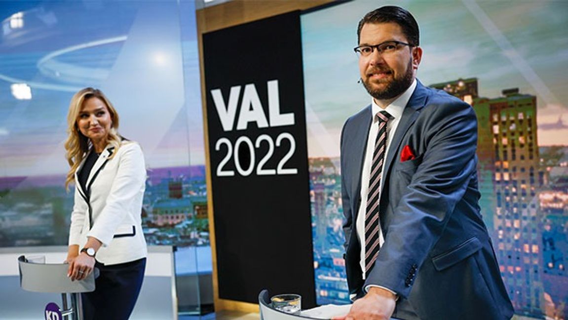 Ebba Busch och Jimmie Åkesson inför TV4:s valdebatt i valrörelsen 2022. Bild: Fredrik Persson/TT