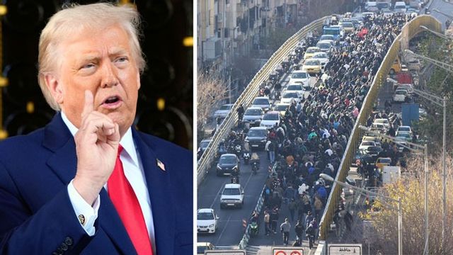 USA:s president Donald Trump hotar med ingripande. Till höger: demonstranter i Teheran. Foto:  Alex Brandon/AP/TT/AP/TT.