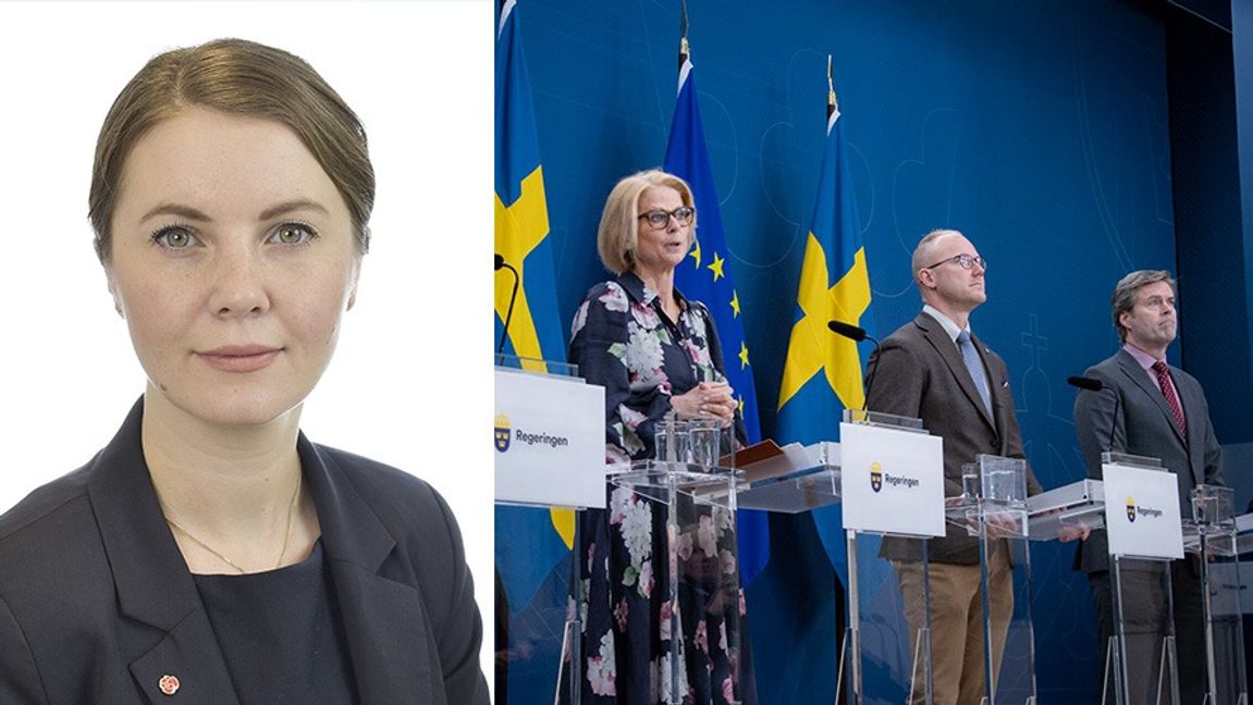 Ida Karkiainen (S) och Tidöpartiernas pressträff på måndagen. Foto: Sveriges Riksdag/Svante Rinalder/Regeringskansliet