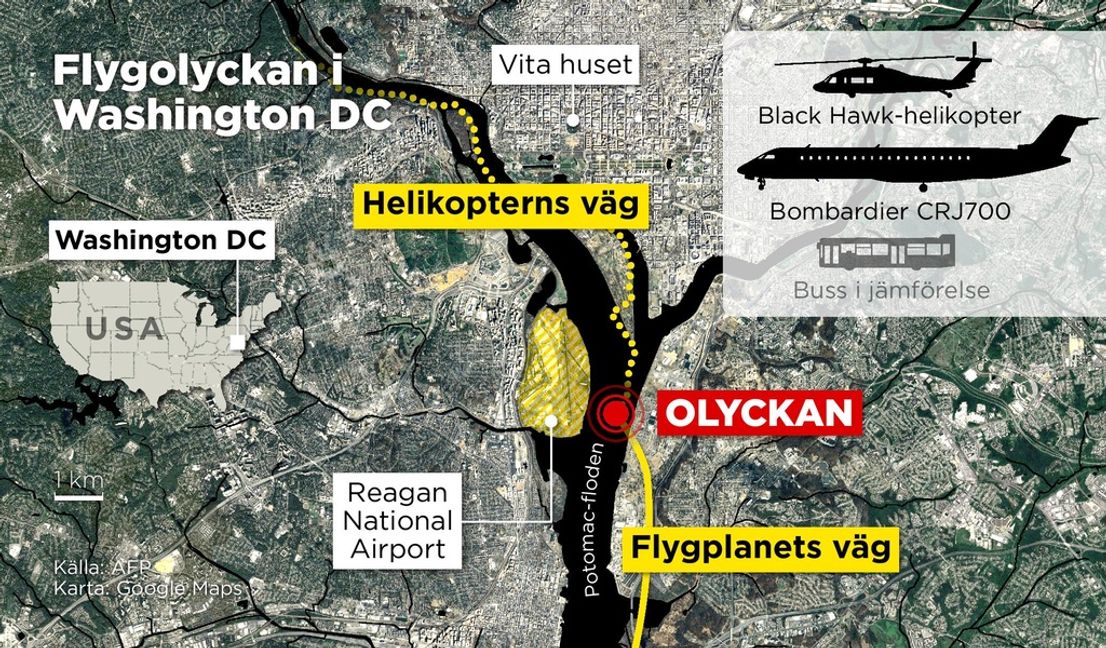 Kartan visar flygplanets och helikopterns väg innan de kolliderade över Potomac-floden vid Reagan National Airport. Anders Humlebo/TT