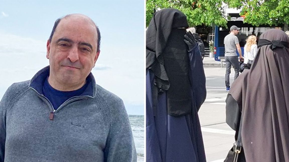 Nima Gholam Ali Pour (SD). Till höger muslimska kvinnor vid en demonstration i centrala Stockholm. Foto: Privat/Pelle Zackrisson