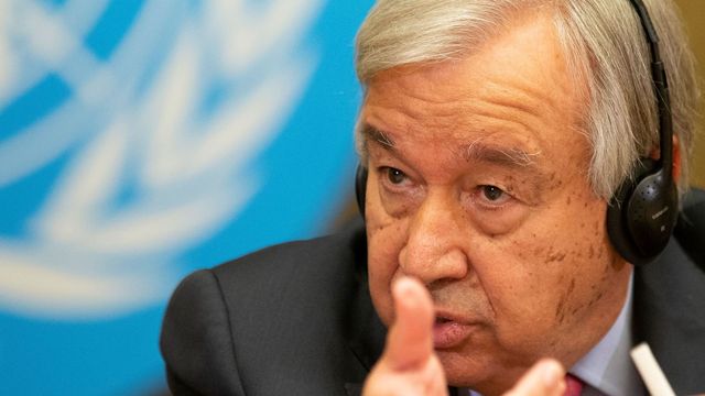 U.N. Secretary-General Antonio Guterres talks to media at a press conference, during the High-Level Ministerial Event on the Humanitarian Situation in Afghanistan, at the European headquarters of the United Nation, in Geneva, Switzerland, Monday, Sept. 13, 2021. Photo: Salvatore Di Nolfi: Keystone via AP/TT