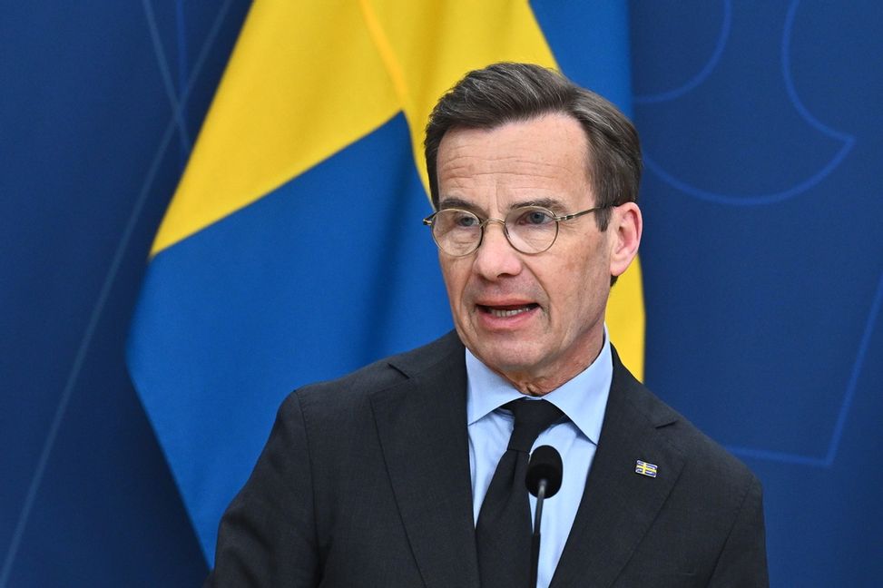 Statsminister Ulf Kristersson (M) under en pressträff om USA:s tullar i torsdags. Foto: Claudio Bresciani/TT