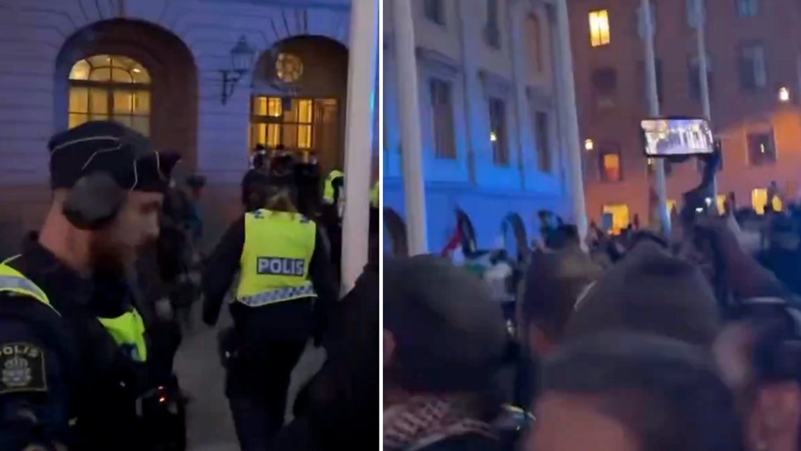 Omkring 300 palestinademonstranter blockerade entrén till UD den 2 oktober trots polisförbud. Foto: Skärmdump via Instagram