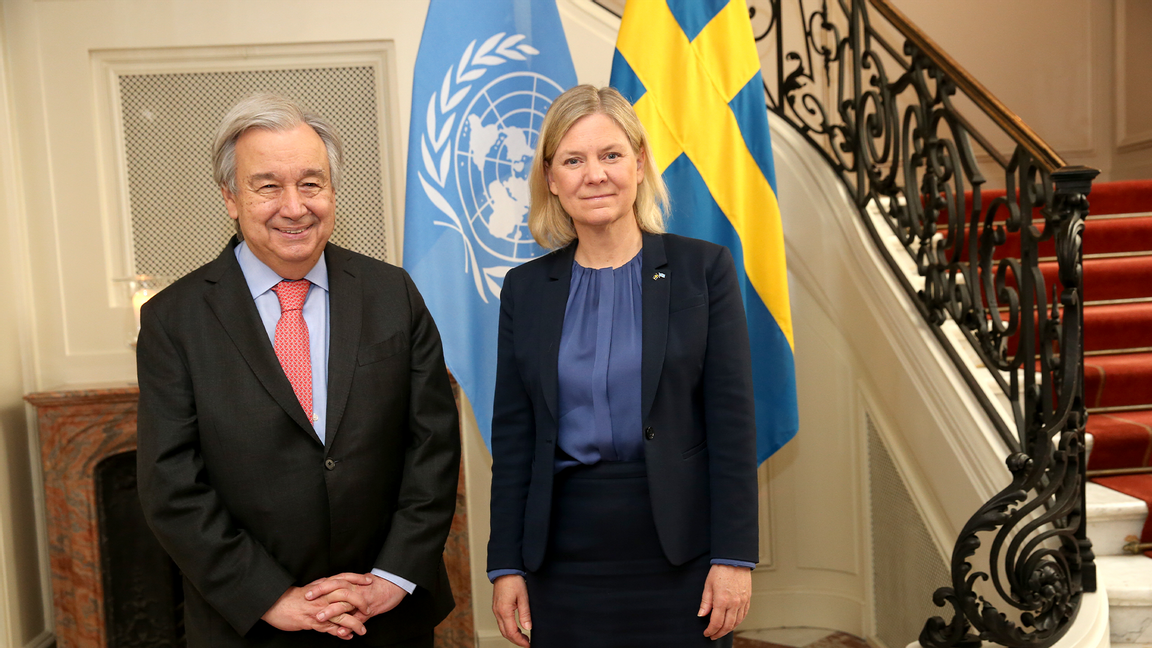 António Guterres besöker Magdalena Andersson i Stockholm. Foto: Soren Andersson/TT