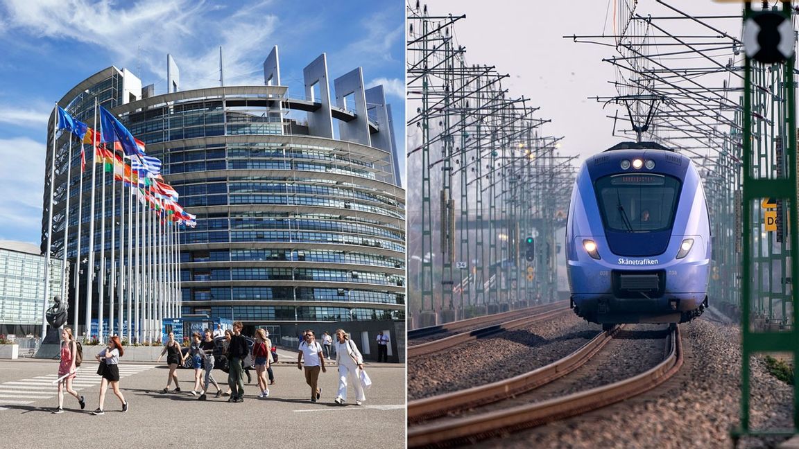 EU-parlamentet i Strasbourg och ett tåg. Foto: Fredrik Persson och Johan Nilsson/TT